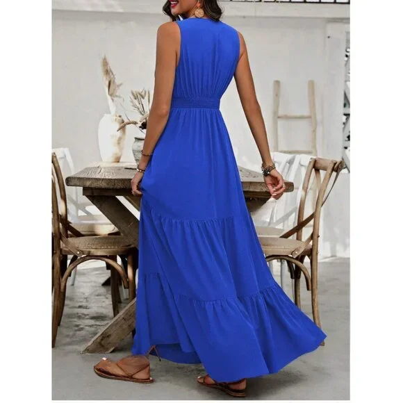 Boho V-Neck Pleated Waist Dress Blue - Picture 3 of 9